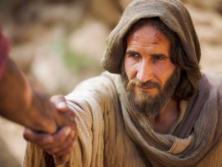 Man in historical clothing offering a handshake, symbolizing unity and support.の素材