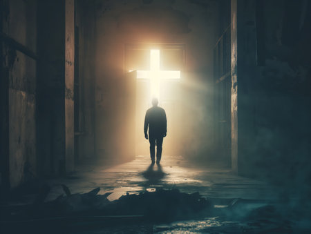 Silhouette of a person standing before a glowing cross in a dark, abandoned structure.の素材