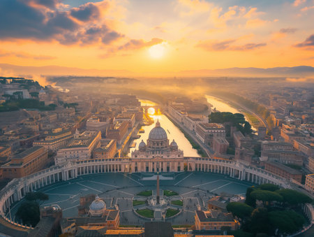 Aerial view of Vatican City at sunrise with soft light and mist over Rome.の素材