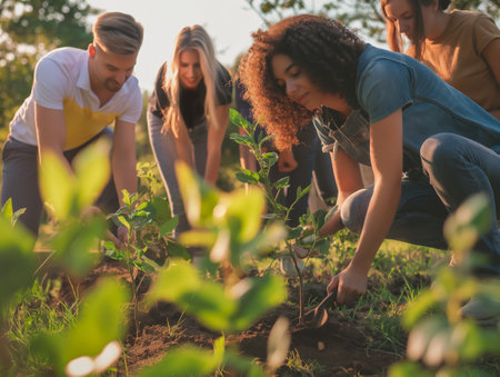 Group of young adults planting in a community garden, focusing on teamwork and sustainability.の素材
