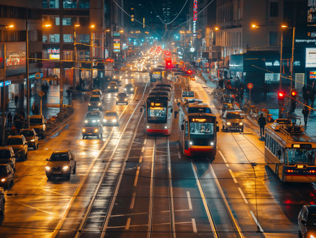 City street bustling with cars, trams and pedestrians under evening lights.の素材