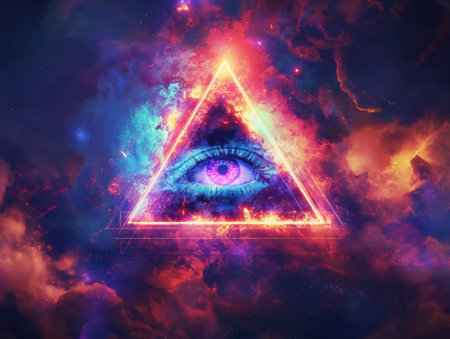 A vibrant eye within a neon triangle amidst a cosmic nebula backdrop.の素材