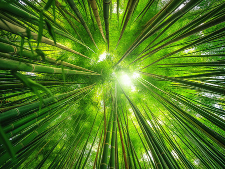 Verdant bamboo stalks reach skyward, converging into a radiant sunburst through the leaves.の素材