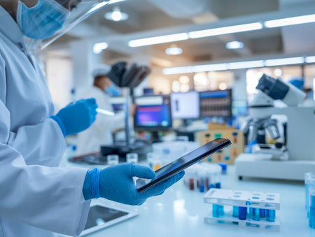 A scientist in protective gear operates a digital tablet amidst lab equipment.の素材