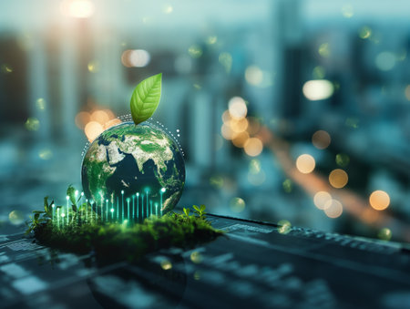A glowing earth with a green leaf represents sustainable development against an urban backdrop.の素材