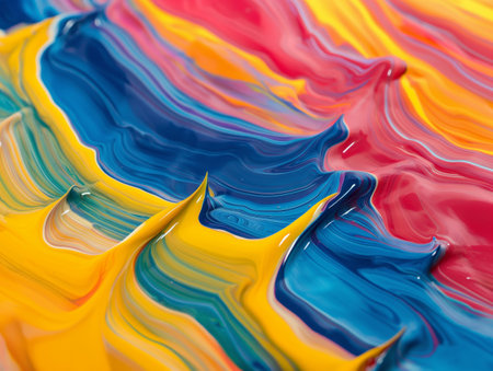 A close-up of swirling multicolored paint creating an abstract, dynamic pattern.の素材