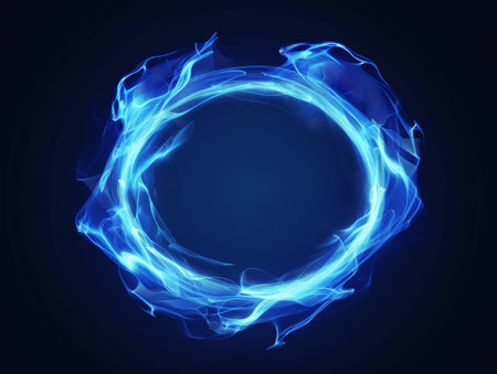 Dynamic blue flames forming a circular energy flow against a dark backgroundの素材