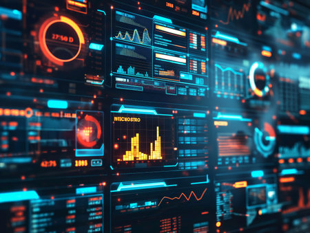 A futuristic data analysis dashboard with glowing charts and indicators displaying varied statistics and metricsの素材