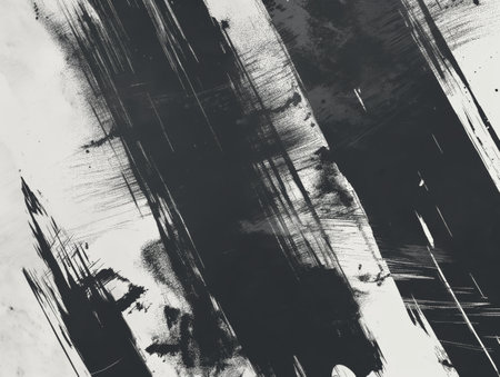 Grungy monochrome painting showcasing dynamic brush strokes with artistic splatter.の素材