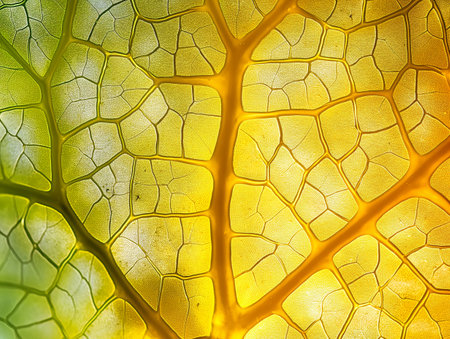 Close-up view of leaf veins revealing intricate natural patterns in rich yellow tones.の素材