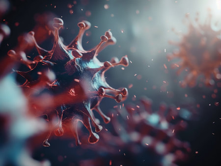 Close-up view of virus particles with a dramatic, dark background symbolizing medical challenges and health crises.の素材