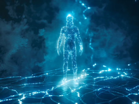 Illuminated digital human form standing on a glowing network grid with a dark, cloud-like background.の素材