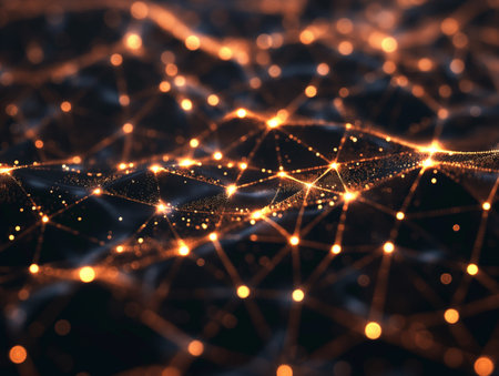 Glowing connections in a network of nodes conveying digital technology and communication.の素材