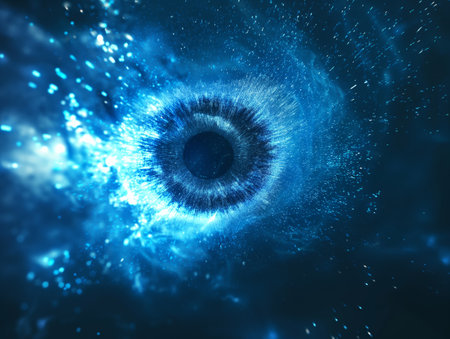 Abstract image depicting a human eye against a starry space backdrop, symbolizing insight, discovery, and the universe within.の素材