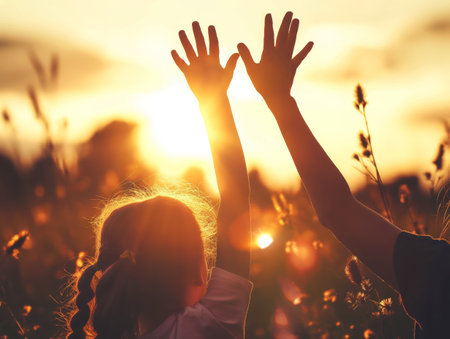 Silhouette of a parent and child holding hands against a stunning sunset, symbolizing love and connection.の素材