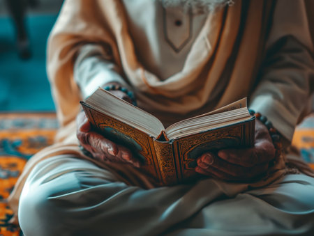 A man in serene contemplation, deeply engaged in reading the Quran, symbolizing devotion and peace.の素材