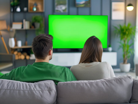 Rear view of a couple seated on a sofa, intently watching a green screen TV in a modern living room setting.の素材