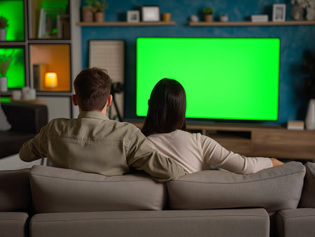 Rear view of a couple seated on a sofa, intently watching a green screen TV in a modern living room setting.の素材