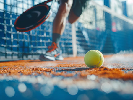 Close-up of a padel racket and ball on a blue court, highlighting the precision and focus required in the game.の素材