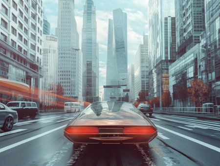 A sleek, futuristic concept car gleams under the city sun, showcasing the future of urban mobility.の素材