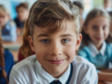 Close-up of a smiling young boy with classmates in the background, capturing a moment of joy and childhood innocence at school.の素材