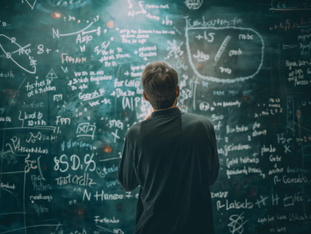 A person stands in front of a chalkboard filled with intricate math formulas, deep in thought.の素材