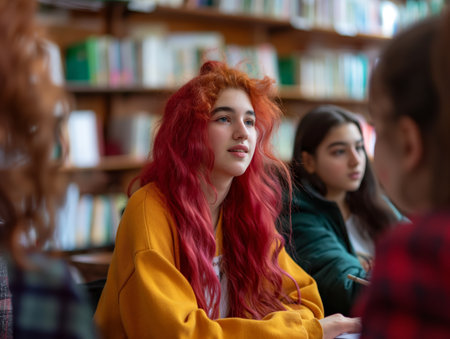 A young person with vivid red hair listening attentively in a group discussion at the library.の素材