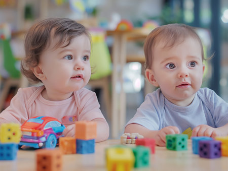 Two toddlers engage in play with colorful toys, showcasing early social development and sibling-like connection.の素材
