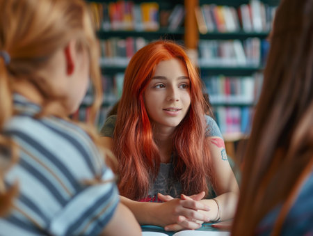 A group of teenagers engaged in a discussion at the library, with focus on a girl with vibrant orange hair.の素材