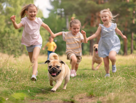 Children laughing and running with a happy Golden Retriever in a sunlit park, embodying the joy and freedom of outdoor play.の素材