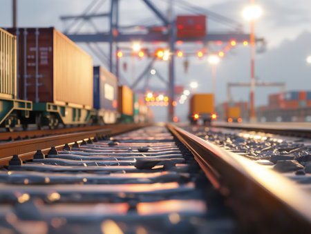 Cargo train loaded with colorful containers at a bustling port, showcasing efficient logistics and transportation.の素材