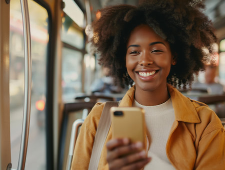 Smiling young woman engrossed in her smartphone while riding a city bus, capturing the essence of modern urban life.の素材