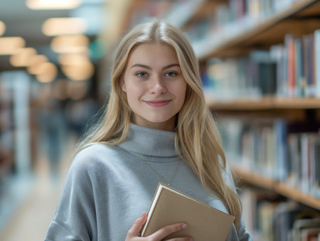 Young woman smiling in a library, holding a book, embodying education and confidence.の素材