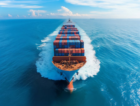 Aerial view of a massive cargo ship filled with containers crossing the blue ocean, showcasing global trade and logistics.の素材