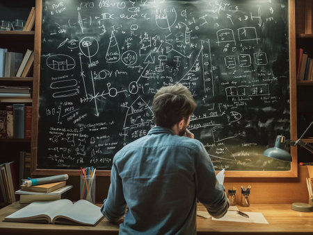 A man contemplates a chalkboard full of mathematical equations and scientific formulas.の素材