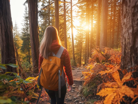 A lone hiker ventures through a rainforest at sunset, with radiant beams illuminating the path ahead amidst majestic mountains.の素材