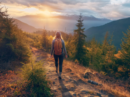A lone hiker ventures through a rainforest at sunset, with radiant beams illuminating the path ahead amidst majestic mountains.の素材