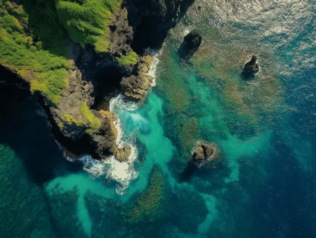 A stunning aerial view of a hidden beach surrounded by lush greenery and crystal-clear waters, epitomizing secluded beauty.の素材