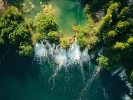Aerial view of the breathtaking Krka Waterfalls nestled in lush greenery under the bright sun, showcasing natures beauty.の素材