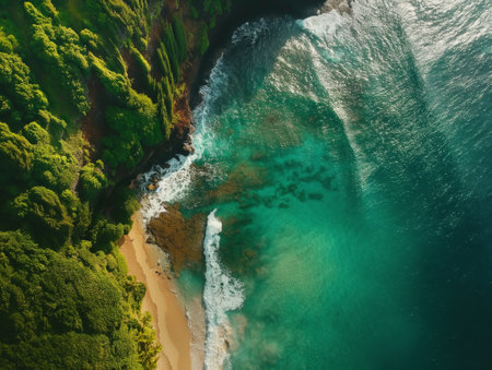 A stunning aerial view of a hidden beach surrounded by lush greenery and crystal-clear waters, epitomizing secluded beauty.の素材
