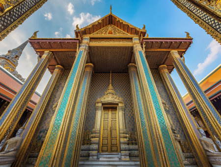 Exquisite facade of Wat Phra Kaew, showcasing its golden columns, intricate mosaics, and traditional Thai architecture under a clear skyの素材