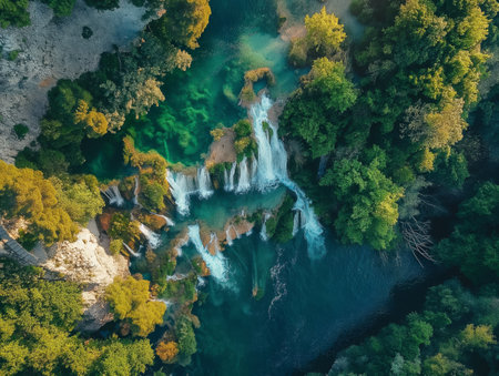Aerial view of the breathtaking Krka Waterfalls nestled in lush greenery under the bright sun, showcasing natures beauty.の素材