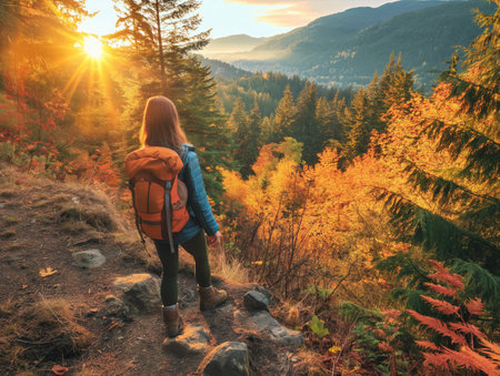 A lone hiker ventures through a rainforest at sunset, with radiant beams illuminating the path ahead amidst majestic mountains.の素材