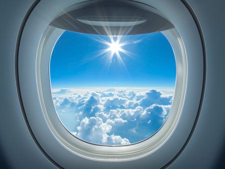A breathtaking view of a cloud landscape seen from an airplane window, with the sun shining brightly aboveの素材