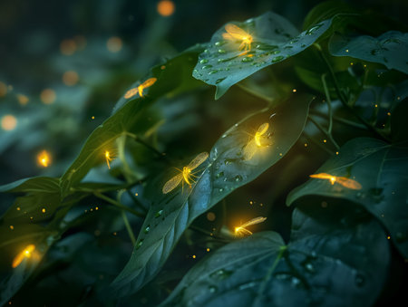 Fireflies glowing on leaves in the dark, magical ambianceの素材