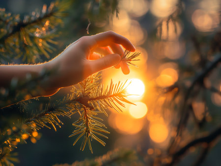 A hand reaches towards the sunlight through pine branchesの素材