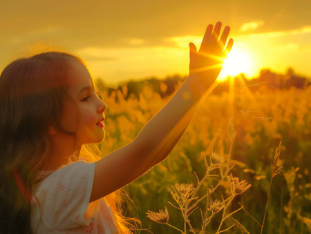 A childs hand reaching out to the sunset, symbolizing hope and dreamsの素材