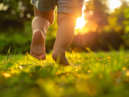 Close-up of a babys bare feet taking tentative steps on the soft grass, with the golden sunset lightの素材