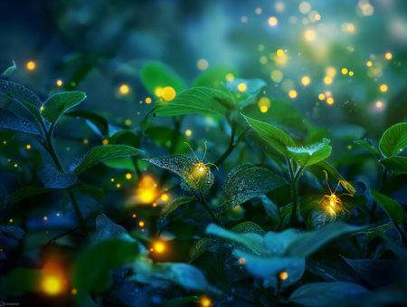 Fireflies glowing on leaves in the dark, magical ambianceの素材