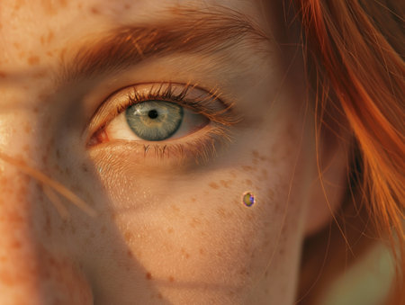 Close-up of a womans face focusing on her striking blue eyes and the details of her natural beautyの素材
